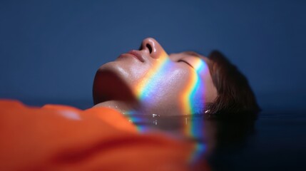 Fototapeta premium Ethereal Portrait of a Person Floating in Water with Rainbow Light