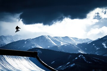 Snowboarder Performing Mid-Air Trick Against Dramatic Mountain Backdrop