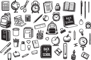 Back to school outline elements clipart set. School drawing silhouette items clip art educational objects, supplies and material icon collection vector illustration © jobaida