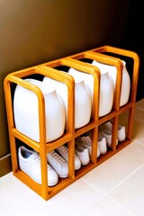 Wooden shoe rack with white vases