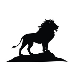 Brave Lion Silhouette on Rock, Majestic king lion standing on large stone watching his jungle kingdom vector illustration in silhouette style