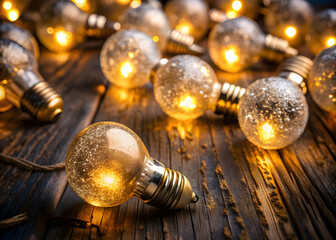 Golden frosted bulbs on dark wooden surface in low light