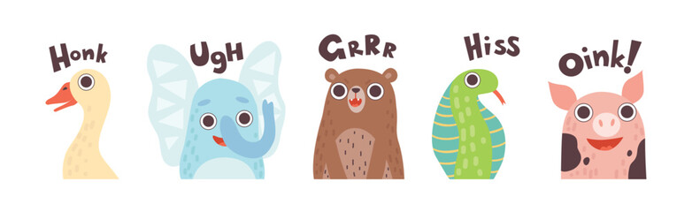 Cute Animals Making Noisy Sounds and Uttering Vector Set