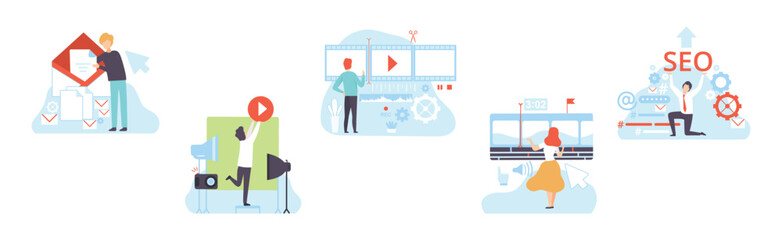 Man and Woman at Web and App Design and Development Vector Set