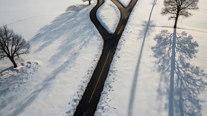 Abstract Pattern of Snowy Road Forks and Tree Shadows
