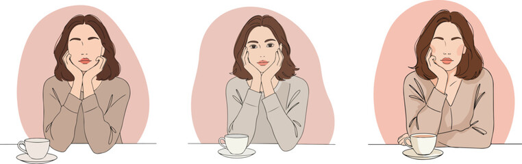 Woman with Coffee – Modern Female thinking Portrait Vector Illustration"