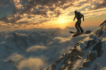 Snowboarder Performing Tricks on a Mountain at Sunset Over Clouds
