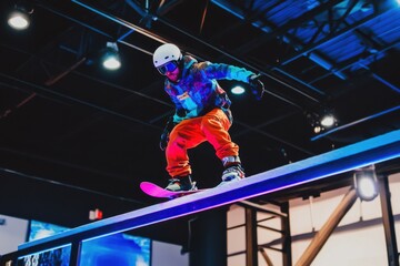 Snowboarder Performing Tricks on Indoor Rail in a Modern Sports Facility