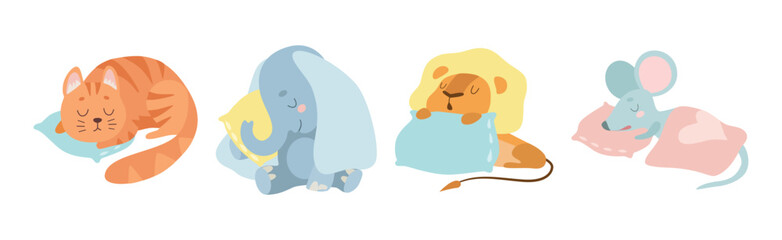 Cute Sleeping Animal Character on Soft Pillow Vector Set