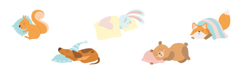 Cute Sleeping Animal Character on Soft Pillow Vector Set