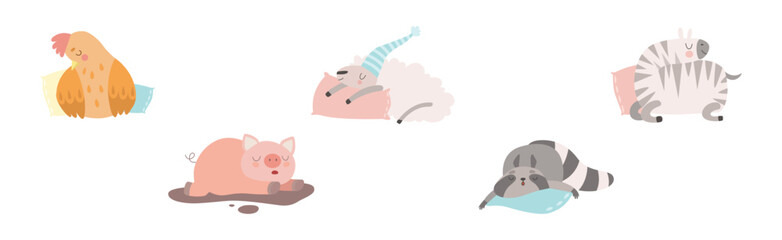 Cute Sleeping Animal Character on Soft Pillow Vector Set