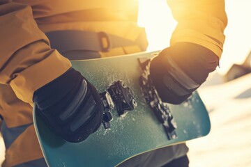 Snowboarder Preparing for Action in Winter Wonderland Sunrise Glow