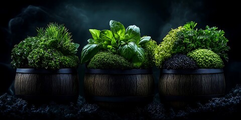 Aromatic herbs in cute wooden barrels, ready to use. Collection of the most popular green crops and spices. Close-up. Dark, eco-friendly background. Copy space.
