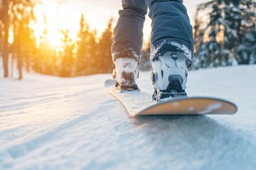 Snowboarder Riding Down Path in Winter Landscape at Sunset