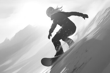 Snowboarder Riding Wave of Powder in Black and White Artwork