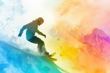 Snowboarder Riding Waves of Colorful Powder in Winter Landscape