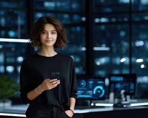 Young woman in modern office setting, holding phone