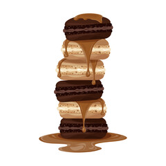 Vector illustration of sweet creamy and chocolate macarons with dripping caramel on a white background. Perfect for kids designs, party invitations, decor, and World Chocolate Day themes