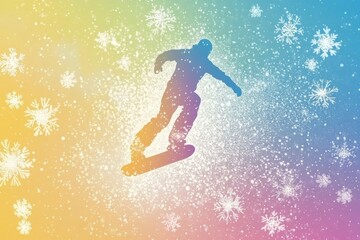 Snowboarder Silhouette on Colorful Background with Snowflakes