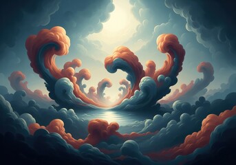 Golden Light Cloud Path. A captivating vibrant vista of swirling vapor and warm hues, leading towards a brilliant horizon. Represents hope and new beginnings.