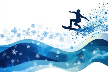 Snowboarder Silhouette Riding Waves of Snowflakes in Winter Scene