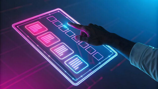 Finger controlling transparent digital menu in neon pink and blue - Powered by Adobe