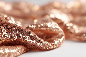 A close-up of sequin fabric in rose gold, draped elegantly over the edge on a white background