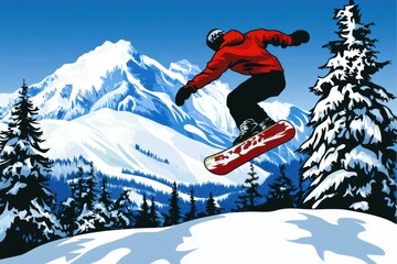 Snowboarding Action Against Majestic Mountain Landscape in Winter