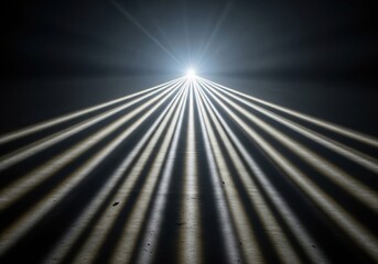 Dynamic Light Beams on Shadowed Floor. Brilliant illumination projects parallel lines across a shadowy surface. This abstract scene signifies discovery, direction, and new beginnings.