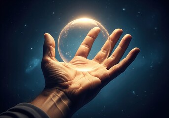 Hand Holds Luminous Cosmic Sphere. A human palm gently cradles a brilliant, transparent orb, symbolizing destiny, universal power, and the future held within reach.