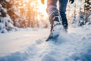 Snowy Trail Walk in Winter Forest During Golden Hour at Sunset