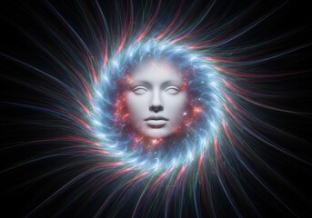 Cosmic Mind Aura. A serene visage is enveloped by a radiant, swirling light field, representing spiritual awakening, universal wisdom, and the vibrant life force.