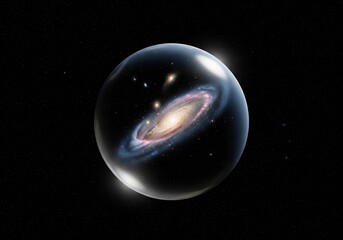 Galaxy in a Cosmic Sphere. Observe a beautiful spiral galaxy encapsulated within a reflective bubble, floating in dark outer space. This evokes wonder and infinite possibilities.