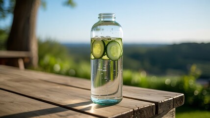 Glass bottle of cucumber-infused water placed outdoors on a wooden surface with natural landscape in the background under bright sunlight