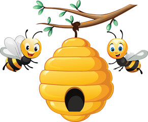Cartoon beehive hanging on a branch with two happy bees