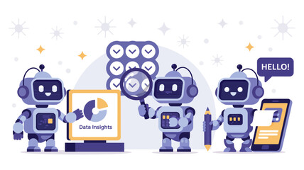&ldquo;Data-Driven Robot Trio &ndash; Minimalist Cartoon Set with Tablet, Magnifying Glass & Smartphone | Modern Tech Vector&rdquo;

