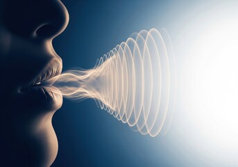 Abstract Breath Wave Emission. Dynamic visual shows human mouth exhaling luminous energy. Represents communication power, verbal influence, and the flow of ideas.