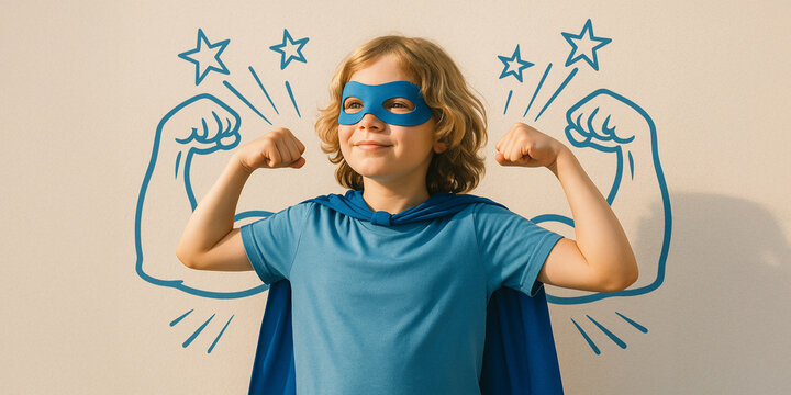 Smiling child in superhero costume flexing arms with blue cape and mask, standing in front of drawn muscular arms and stars