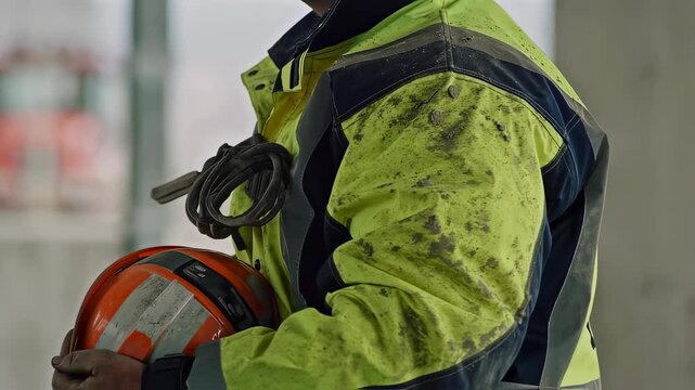 Construction worker holding safety helmet and rope in industrial setting