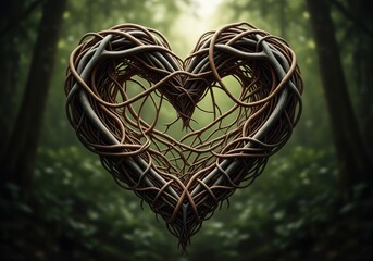 Organic Heart Branches. A beautiful heart design formed by intertwining tree limbs and textured wood, representing profound natural bonds, growth, and love for our planet within a serene forest.
