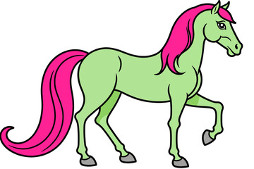 Obraz premium Cartoon Green Horse with Pink Mane and Tail- Cute Equine Illustration for Kids- Whimsical Animal Art for Children's Books- Fantasy Horse Image