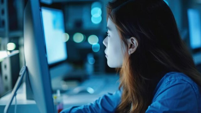 A woman intensely focused on her computer screen, likely working in a tech or digital space. The room is dimly lit, emphasizing the concentration required for such tasks.