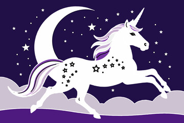 Fototapeta premium Dreamy Unicorn Illustration-Magical Creature Art with Moon and Stars-Fantasy Animal Graphic for Kids-Purple and White Unicorn Design-Enchanting Night Sky Scene