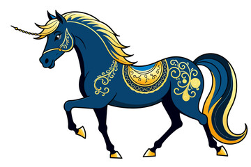 Enchanting Blue Unicorn Art- Majestic Fantasy Horse Illustration- Golden Accents and Intricate Details- Perfect for Mythical Creature Lovers- Artistic Unicorn Design- Unique Animal Clipart