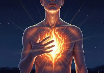 Radiant Heart Energy. Vibrant inner light radiates from a human chest, representing profound passion, spiritual connection, and emotional power under a starlit cosmos.