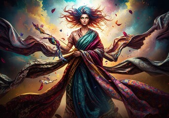 Chromatic Spirit of Creation. Ethereal figure, her multicolored tresses and billowy garments symbolize vibrant creative power, endless vitality, embodying nature's grand awakening.