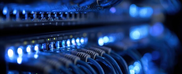 The intricate network of glowing blue server connections in a data center.