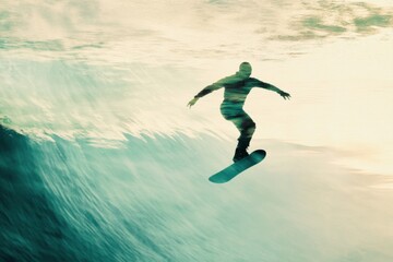 Surfer Riding a Wave at Sunset with Dynamic Ocean Background