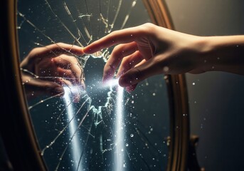 Cracked Mirror Empowering Touch. A human finger meets a fractured looking-glass, releasing brilliant luminous streams and sparkling particles. It symbolizes breaking through limits and embracing.