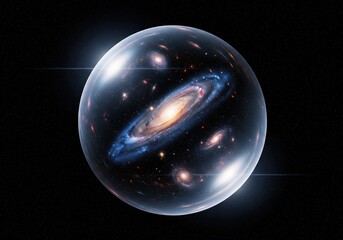 Cosmic Sphere Universe. Luminous galaxies within a transparent orb, depicting a contained cosmos or fascinating multiverse. Evokes vast wonder and infinite potential.